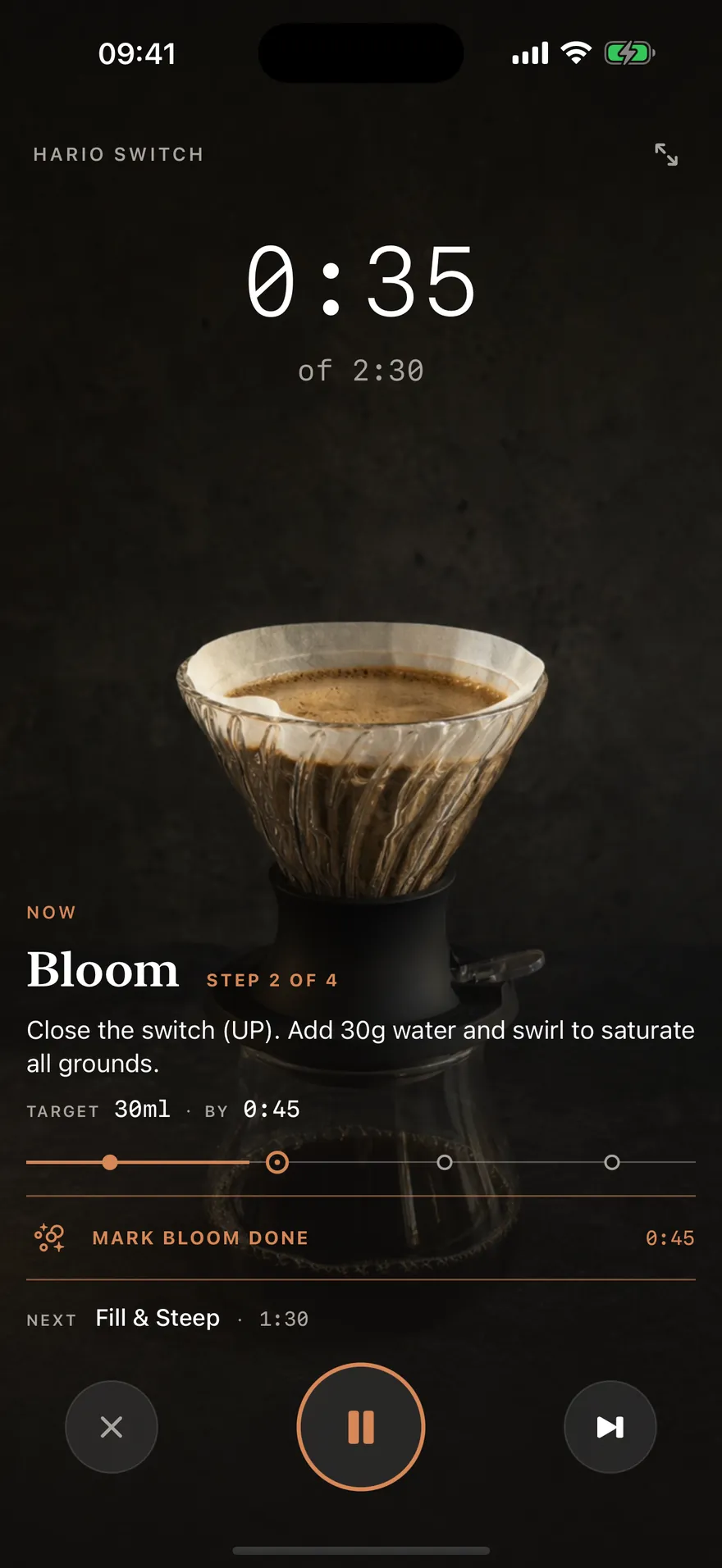 A running Hario Switch brew timer on the Bloom stage, step 2 of 4: close the switch, add 30 g of water and swirl to saturate the grounds, with a 30 ml target by 0:45 and Fill and Steep queued next.