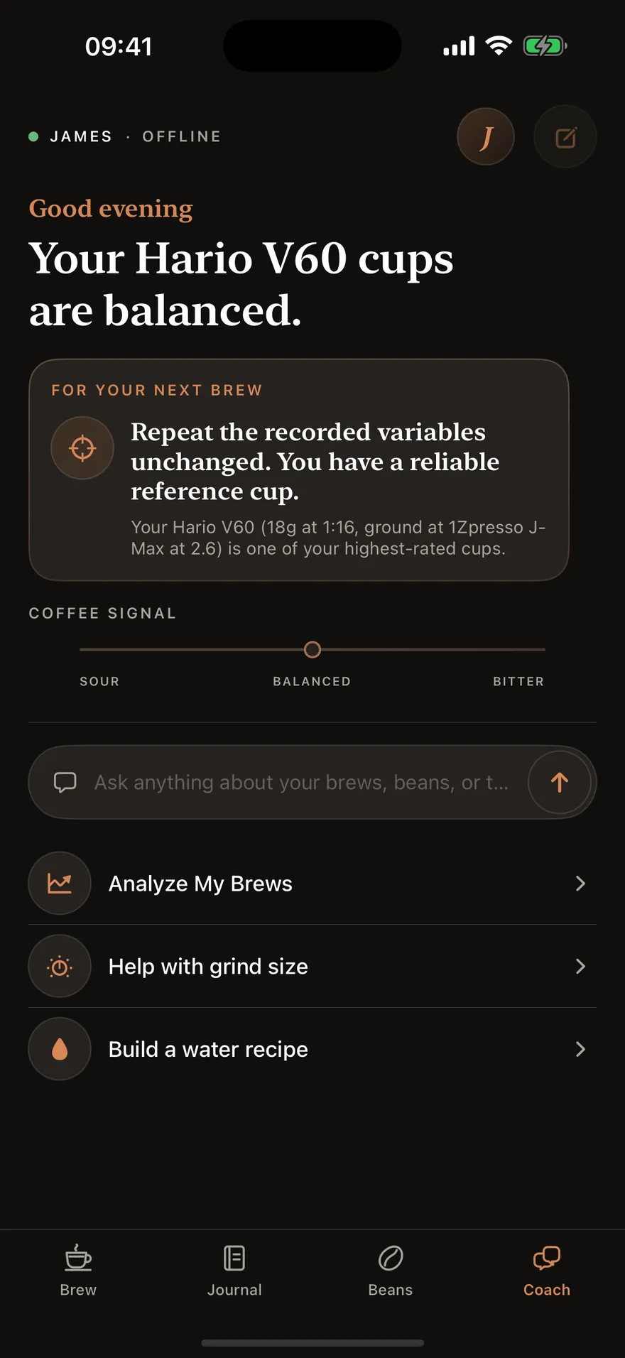 The Coach tab, marked James · Offline, reporting that the user's Hario V60 cups are balanced and advising them to repeat the recorded variables unchanged.
