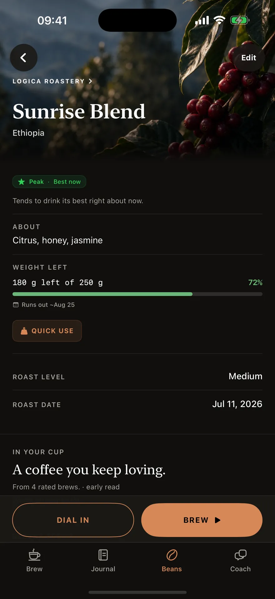 A bean detail screen for Sunrise Blend from Ethiopia, showing an estimated freshness window, tasting notes and the weight left in the bag.