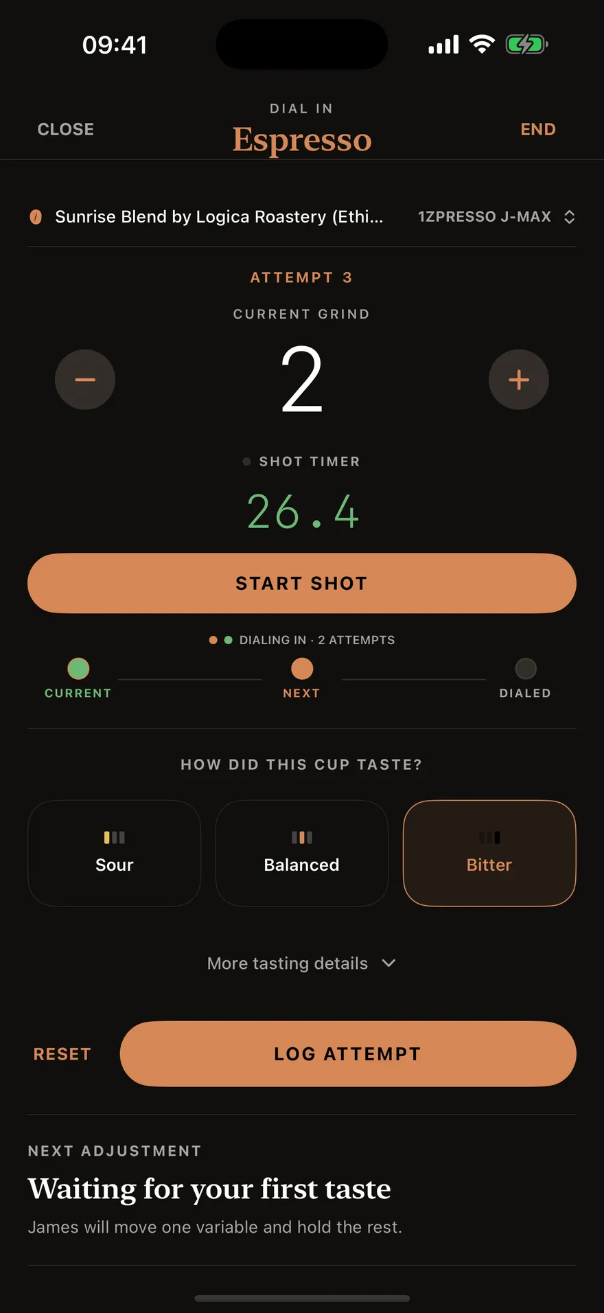 An espresso dial-in session showing the current grind setting, a running shot timer, and a taste picker of Sour, Balanced and Bitter.