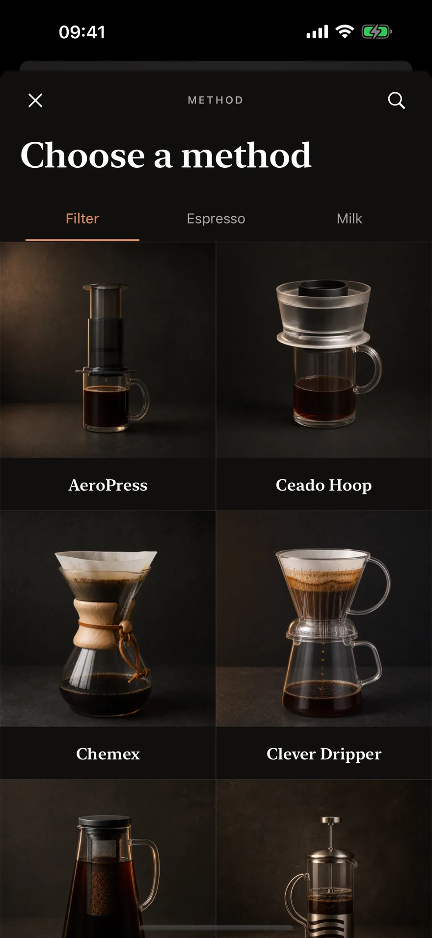The Choose a method screen showing AeroPress, Ceado Hoop, Chemex and Clever Dripper, under Filter, Espresso and Milk tabs.