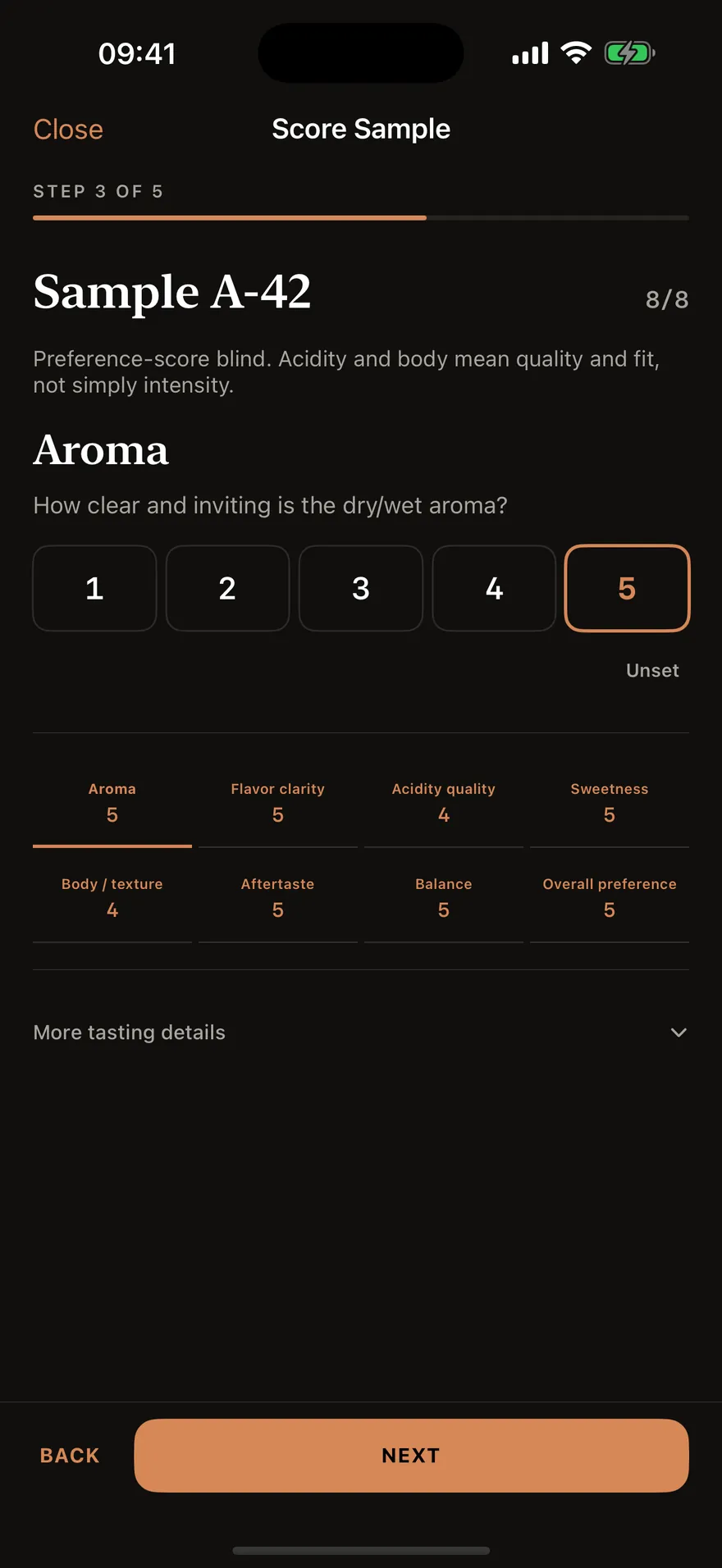 Scoring a blind cupping sample in the Tasting Lab: Sample A-42 rated across aroma, flavour clarity, acidity quality, sweetness, body, aftertaste, balance and overall preference.