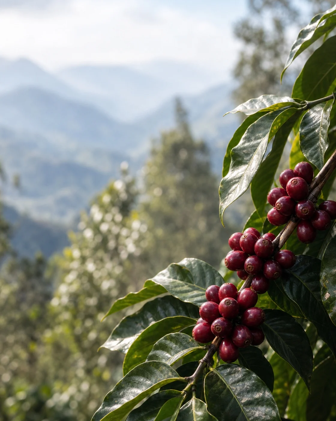 A branch of ripe red coffee cherries in the foreground, with misted mountain ridges receding behind it.
