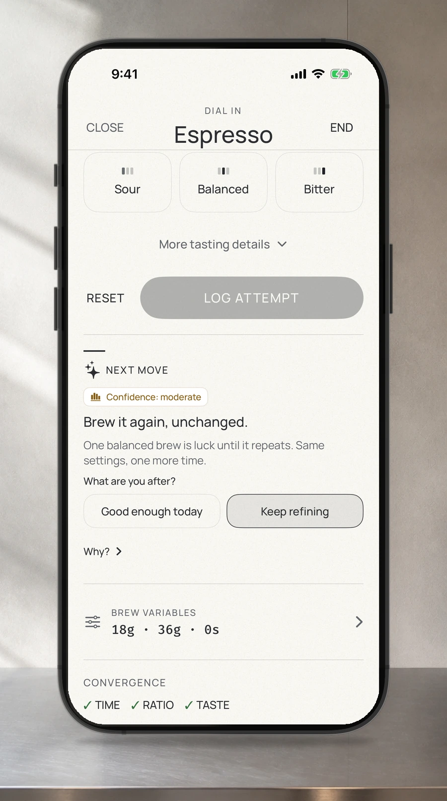 A straight iPhone showing an espresso Dial-In session with its next move and Stop Rule guidance.