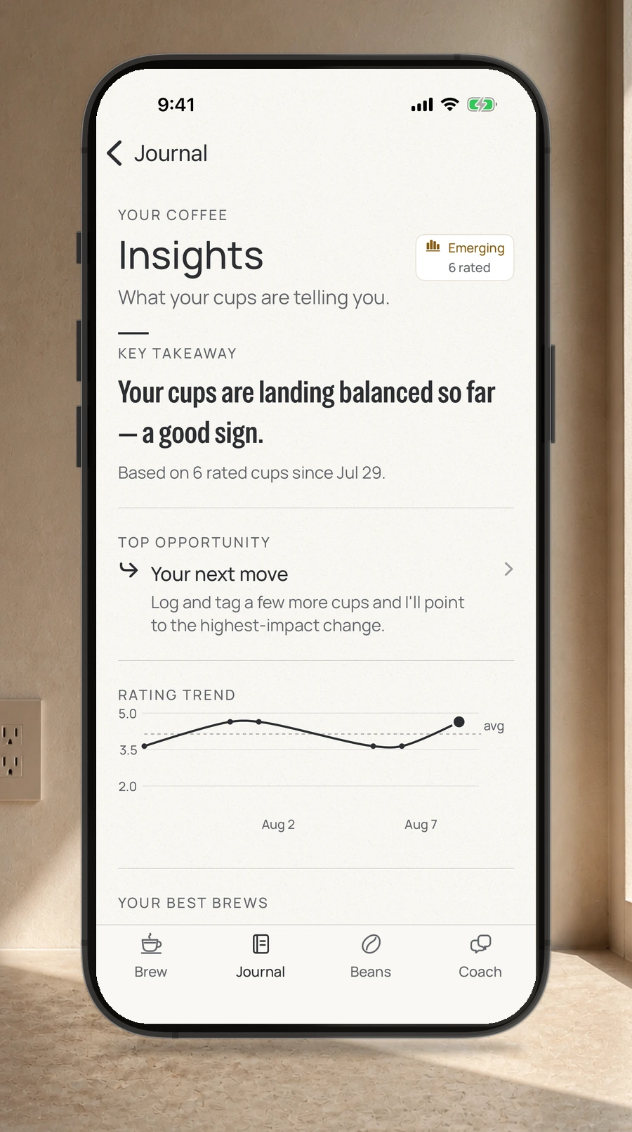 A straight iPhone showing rating trends and patterns found in the user's own brew history.