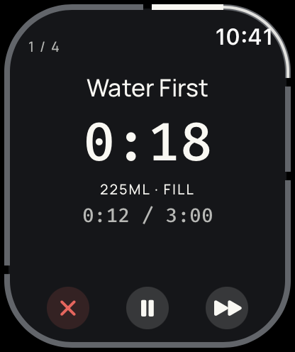 The native Logica Coffee Apple Watch timer showing Water First, 225 millilitres to fill, at 0:18.
